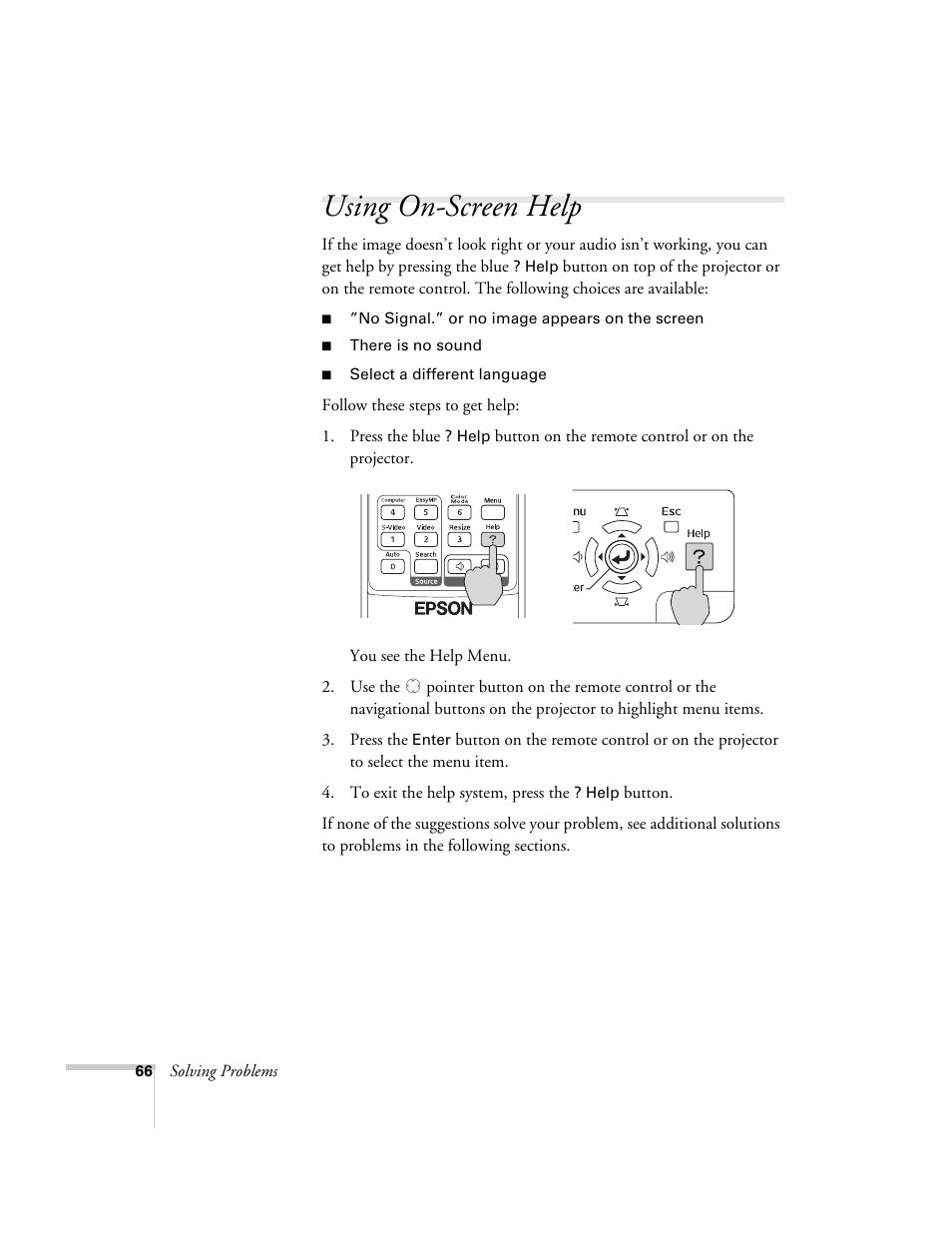 Using on-screen help | Epson PowerLite 1700c/1710c User Manual | Page 66 / 100