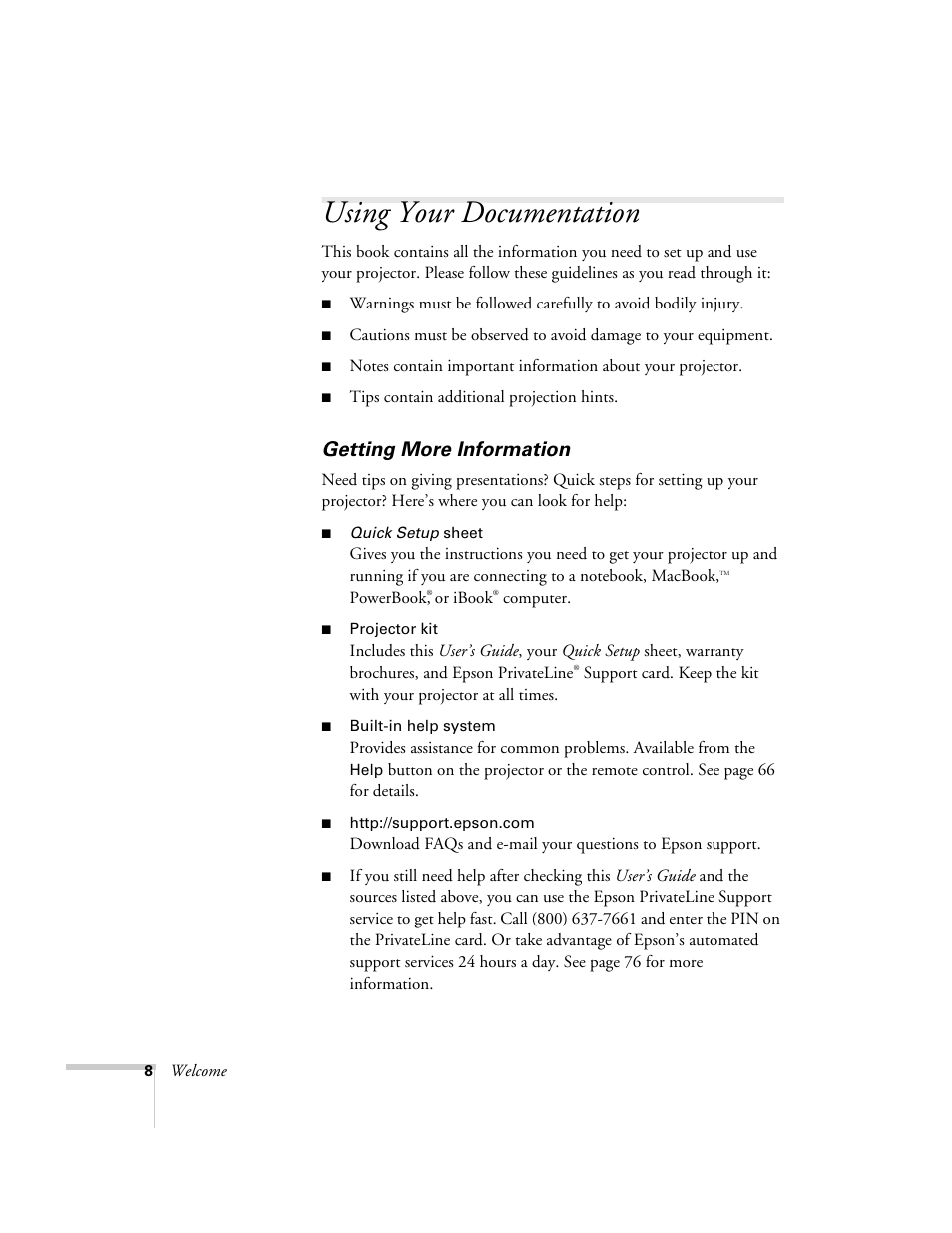 Using your documentation, Getting more information | Epson PowerLite 1700c/1710c User Manual | Page 8 / 100