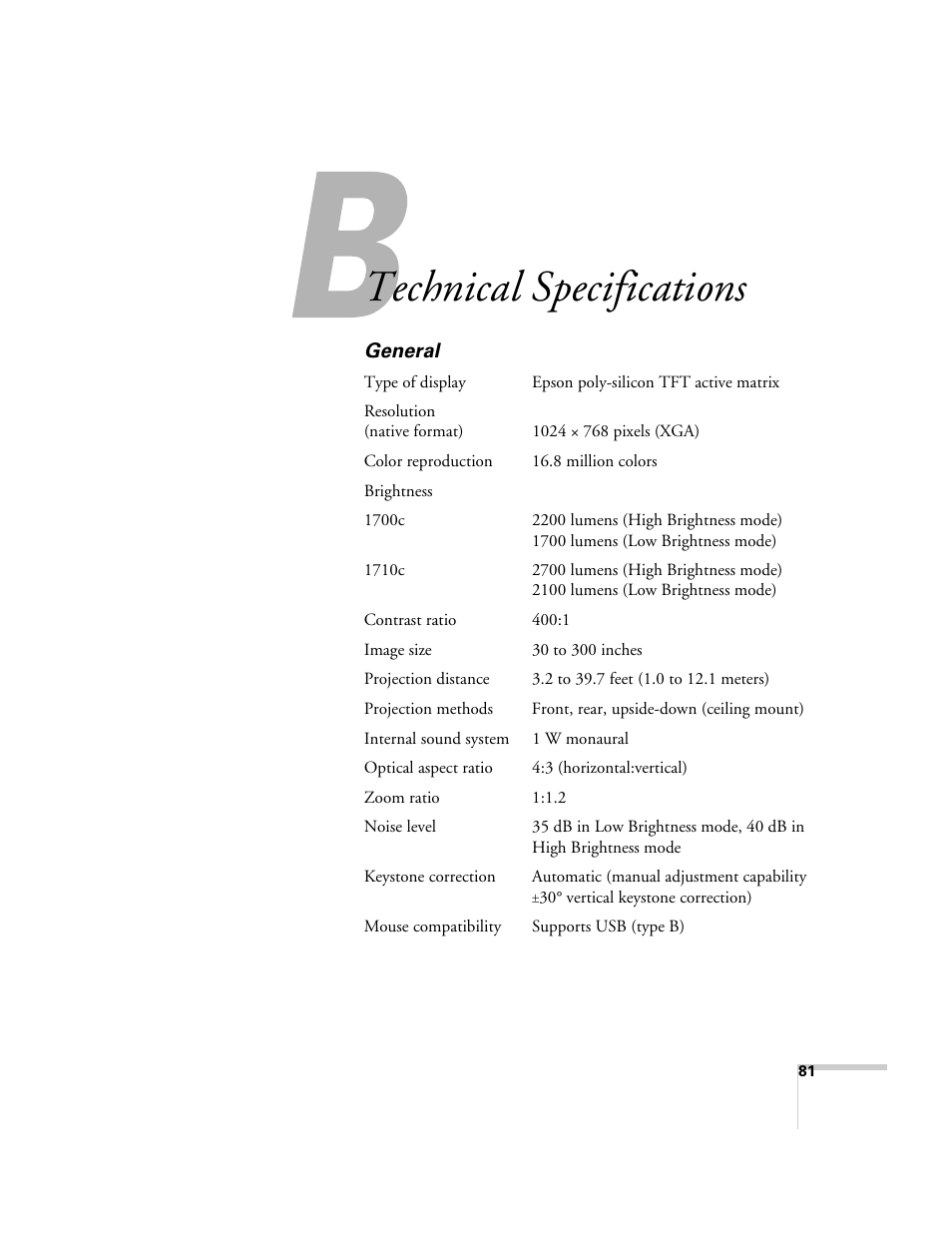 Technical specifications, General | Epson PowerLite 1700c/1710c User Manual | Page 81 / 100