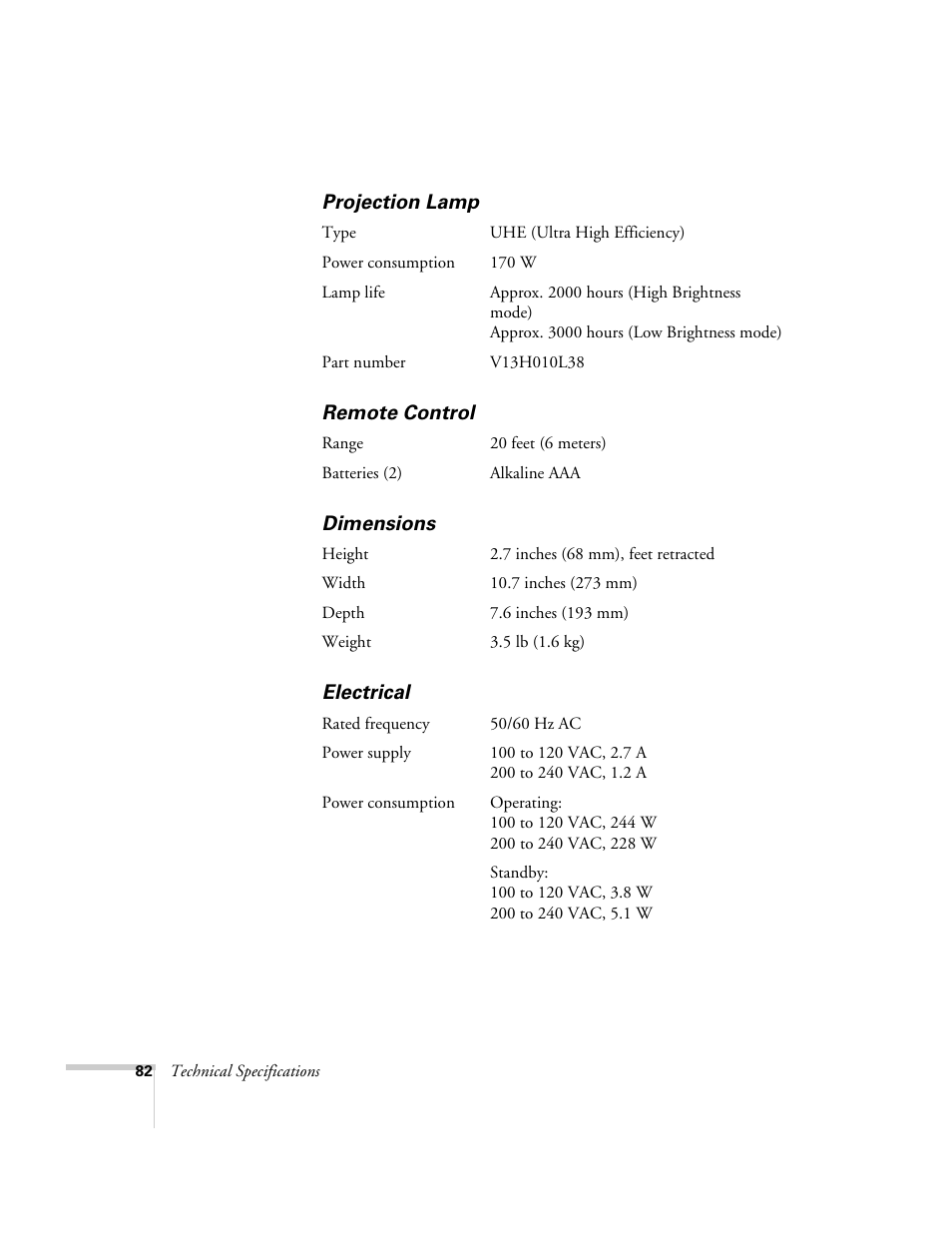 Projection lamp, Remote control, Dimensions | Electrical | Epson PowerLite 1700c/1710c User Manual | Page 82 / 100