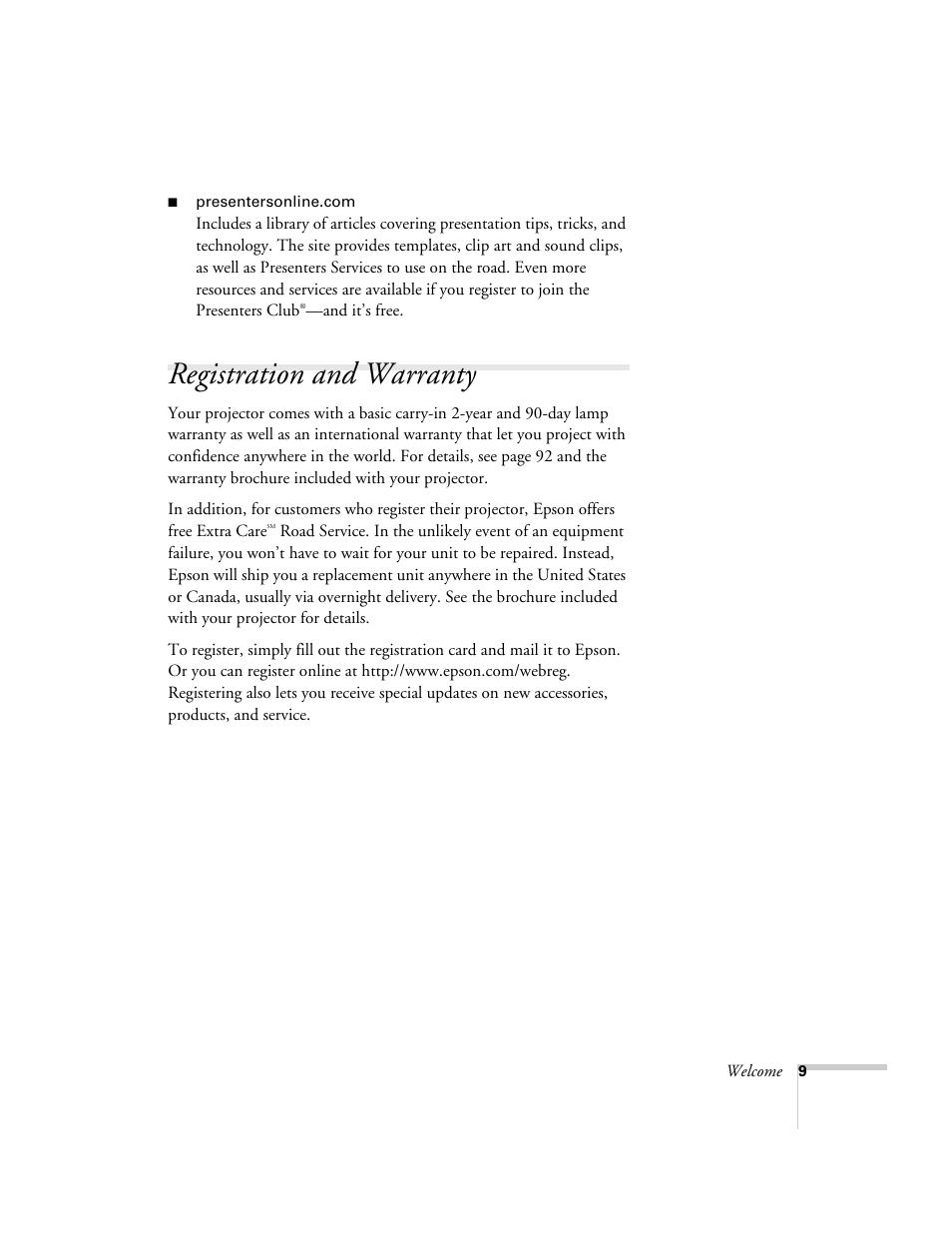 Registration and warranty | Epson PowerLite 1700c/1710c User Manual | Page 9 / 100