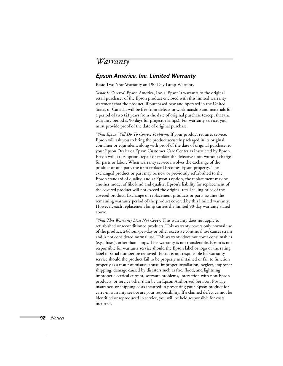 Warranty | Epson PowerLite 1700c/1710c User Manual | Page 92 / 100