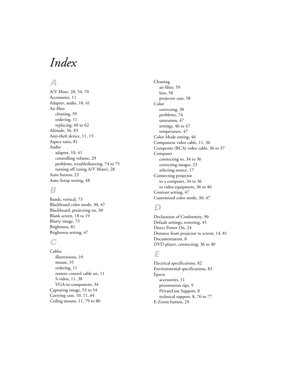 Index | Epson PowerLite 1700c/1710c User Manual | Page 95 / 100