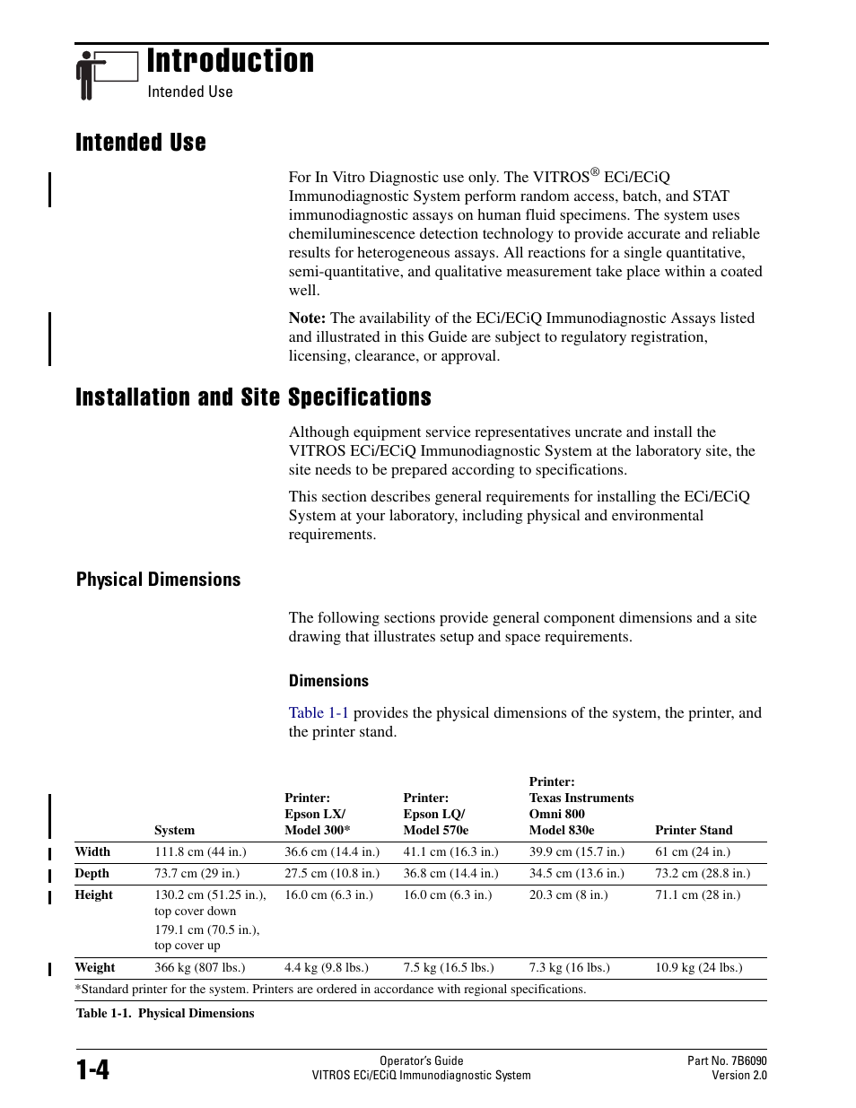 Introduction, Intended use, Installation and site specifications | Physical dimensions | Epson VITROS ECi User Manual | Page 2 / 7