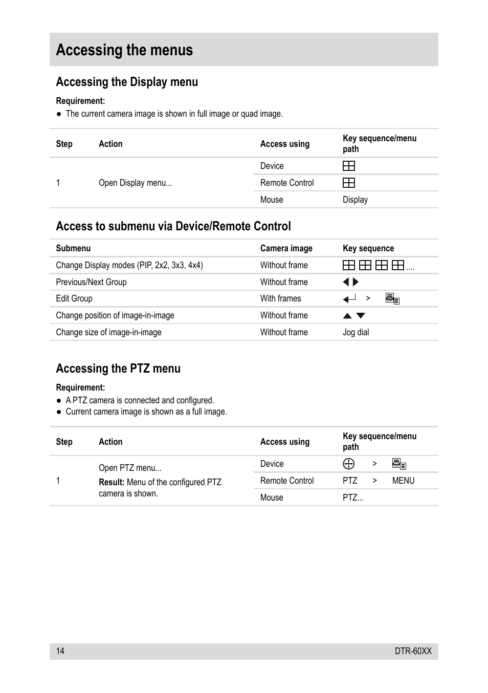 Accessing the menus, Accessing the display menu, Access to submenu via device/remote control | Accessing the ptz menu | Epson DTR-6008/250CD User Manual | Page 14 / 72