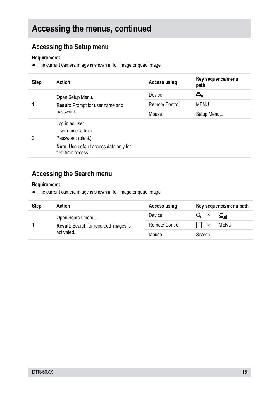 Accessing the menus, continued, Accessing the setup menu, Accessing the search menu | Epson DTR-6008/250CD User Manual | Page 15 / 72