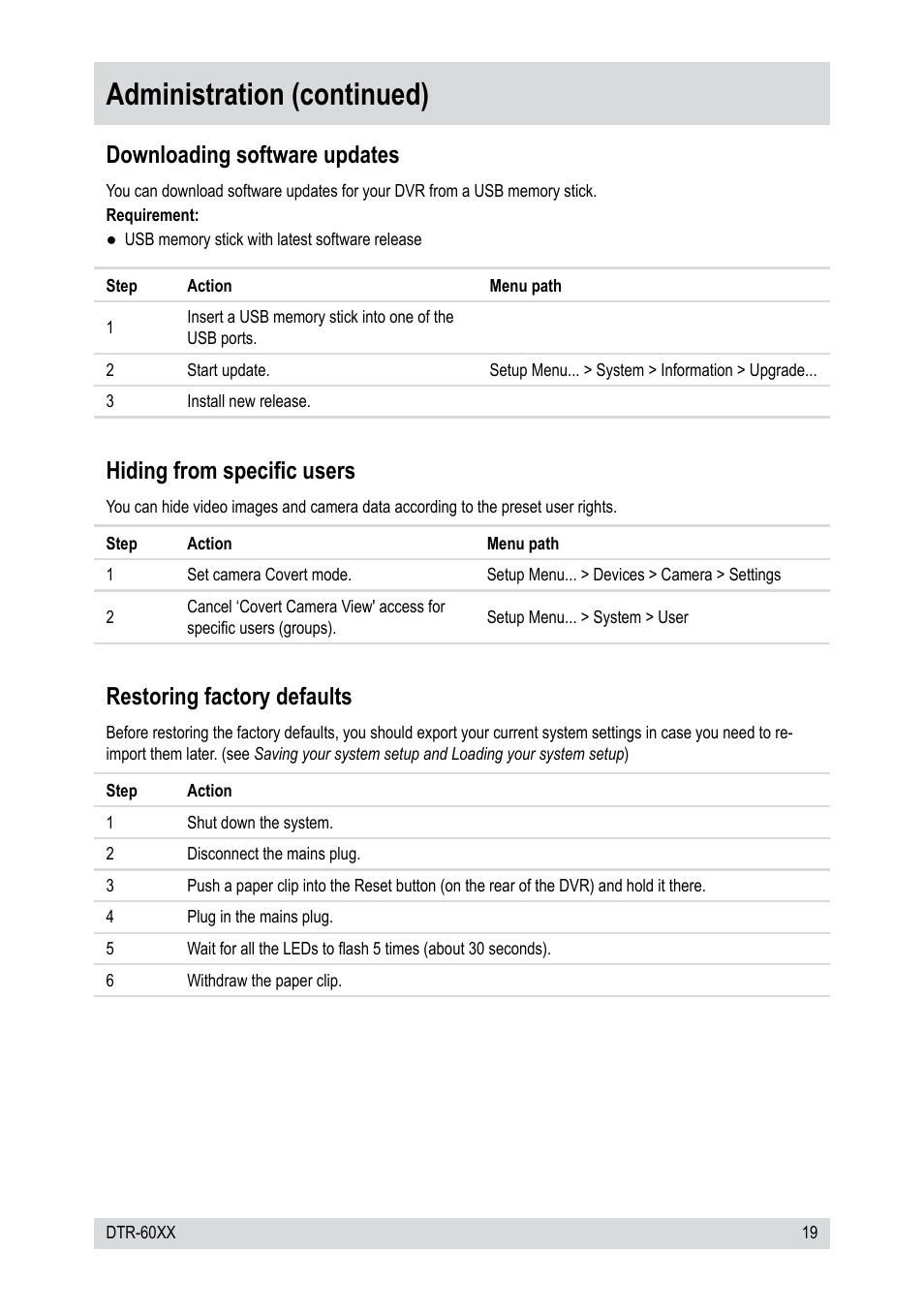 Administration (continued), Downloading software updates, Hiding from specific users | Restoring factory defaults | Epson DTR-6008/250CD User Manual | Page 19 / 72