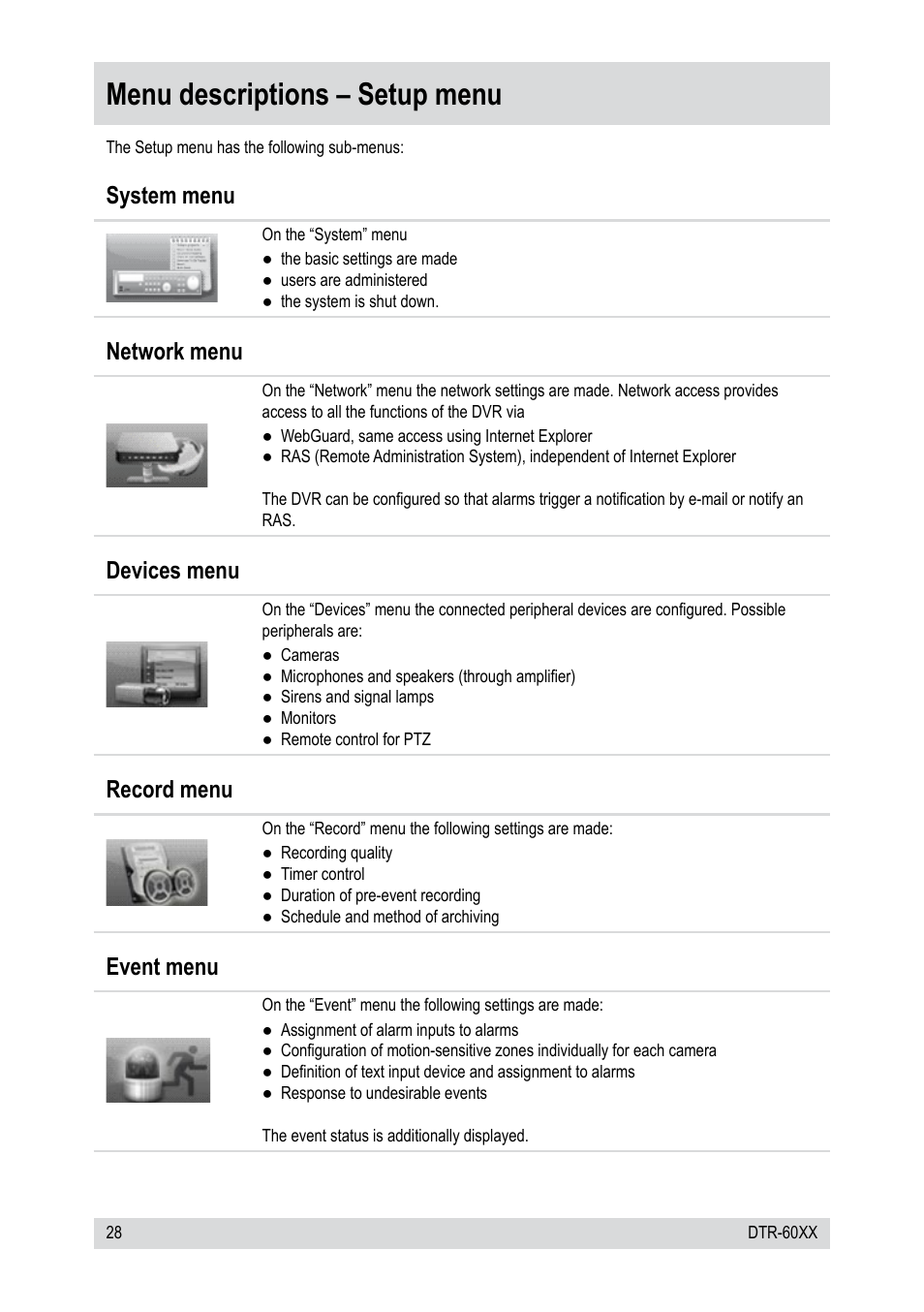 Menu descriptions – setup menu, System menu, Network menu | Devices menu, Record menu, Event menu | Epson DTR-6008/250CD User Manual | Page 28 / 72