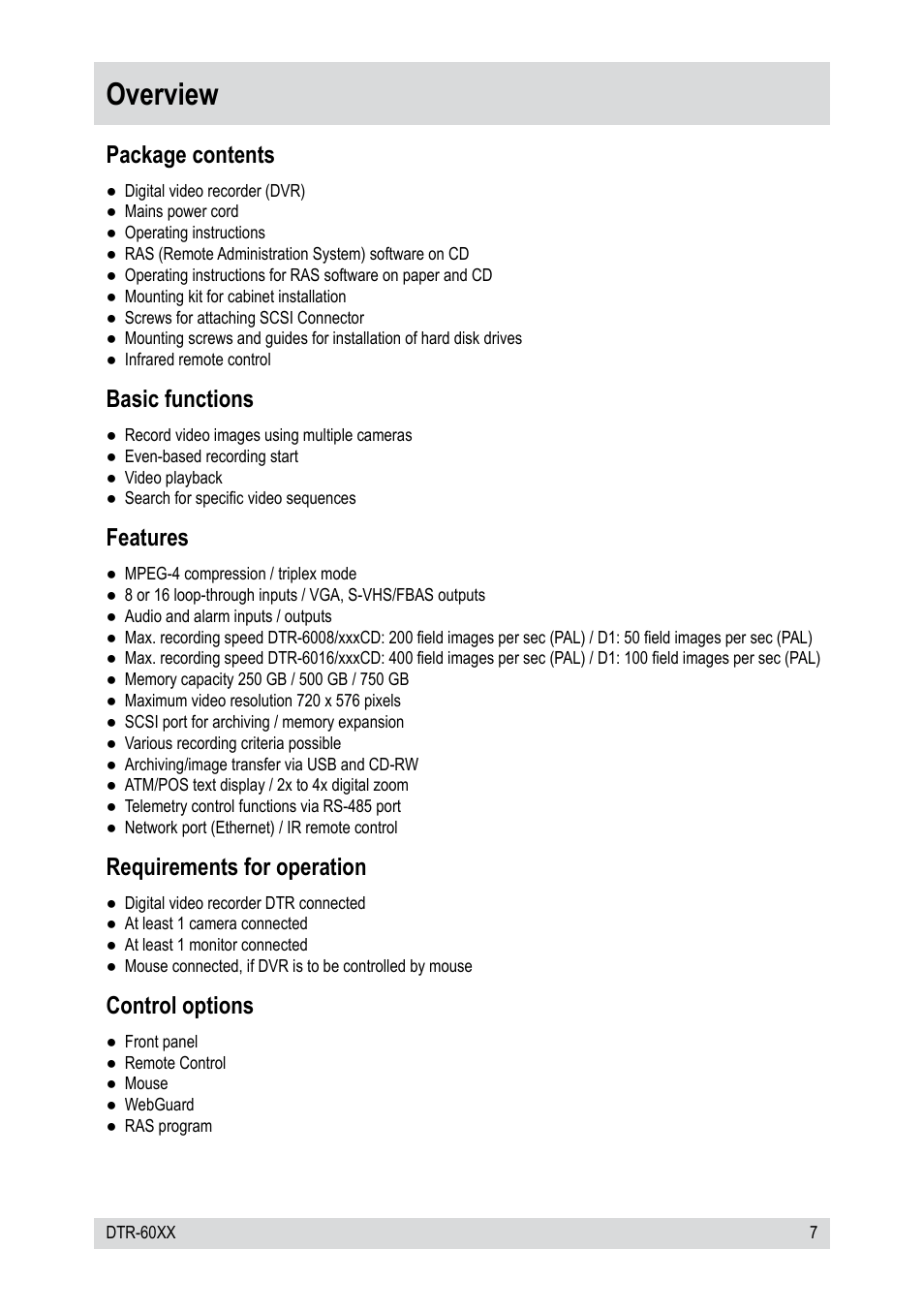 Overview, Package contents, Basic functions | Features, Requirements for operation, Control options | Epson DTR-6008/250CD User Manual | Page 7 / 72