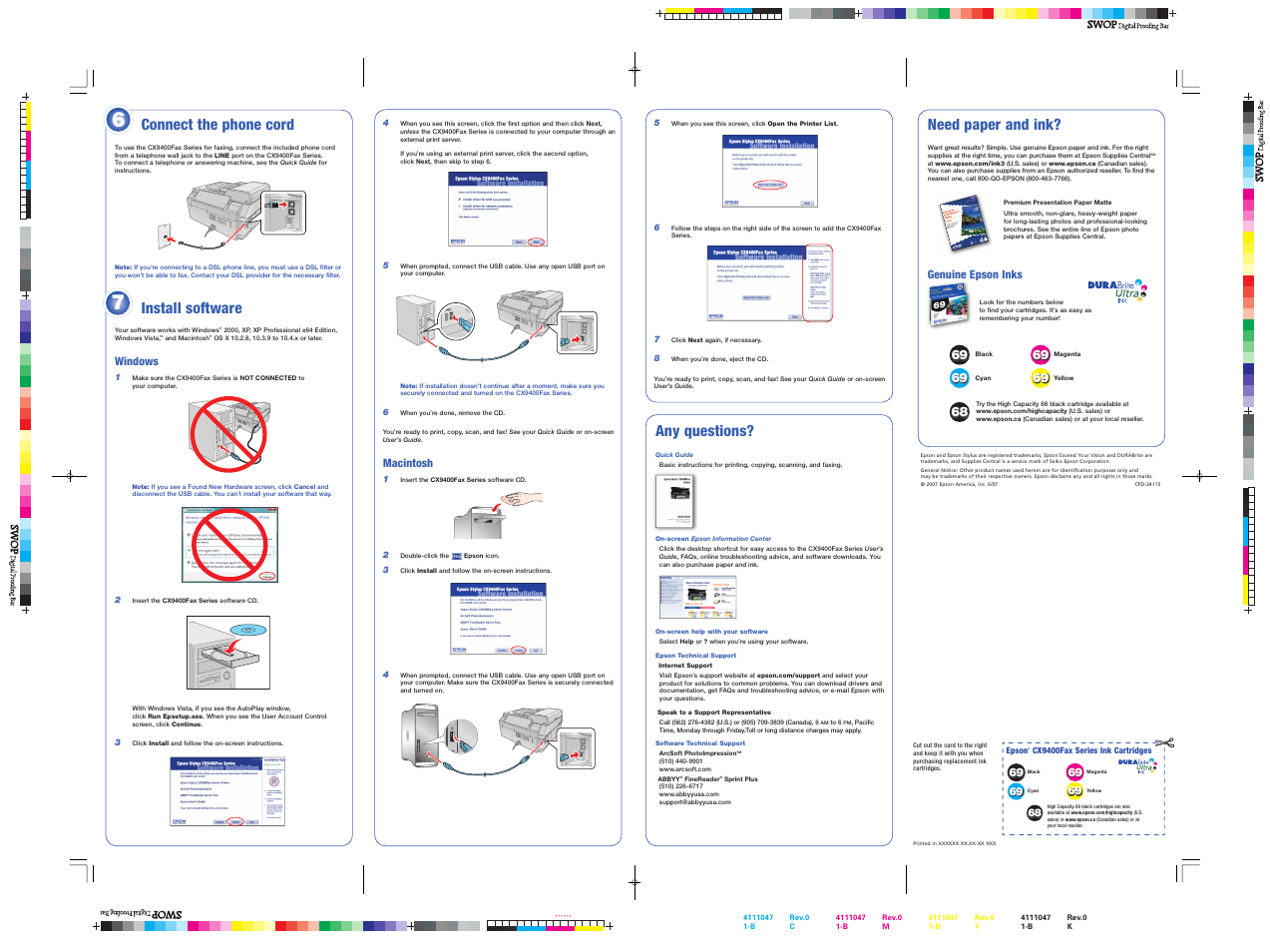 Connect the phone cord, Install software, Windows | Need paper and ink, Any questions | Epson Stylus CX9400 User Manual | Page 5 / 8