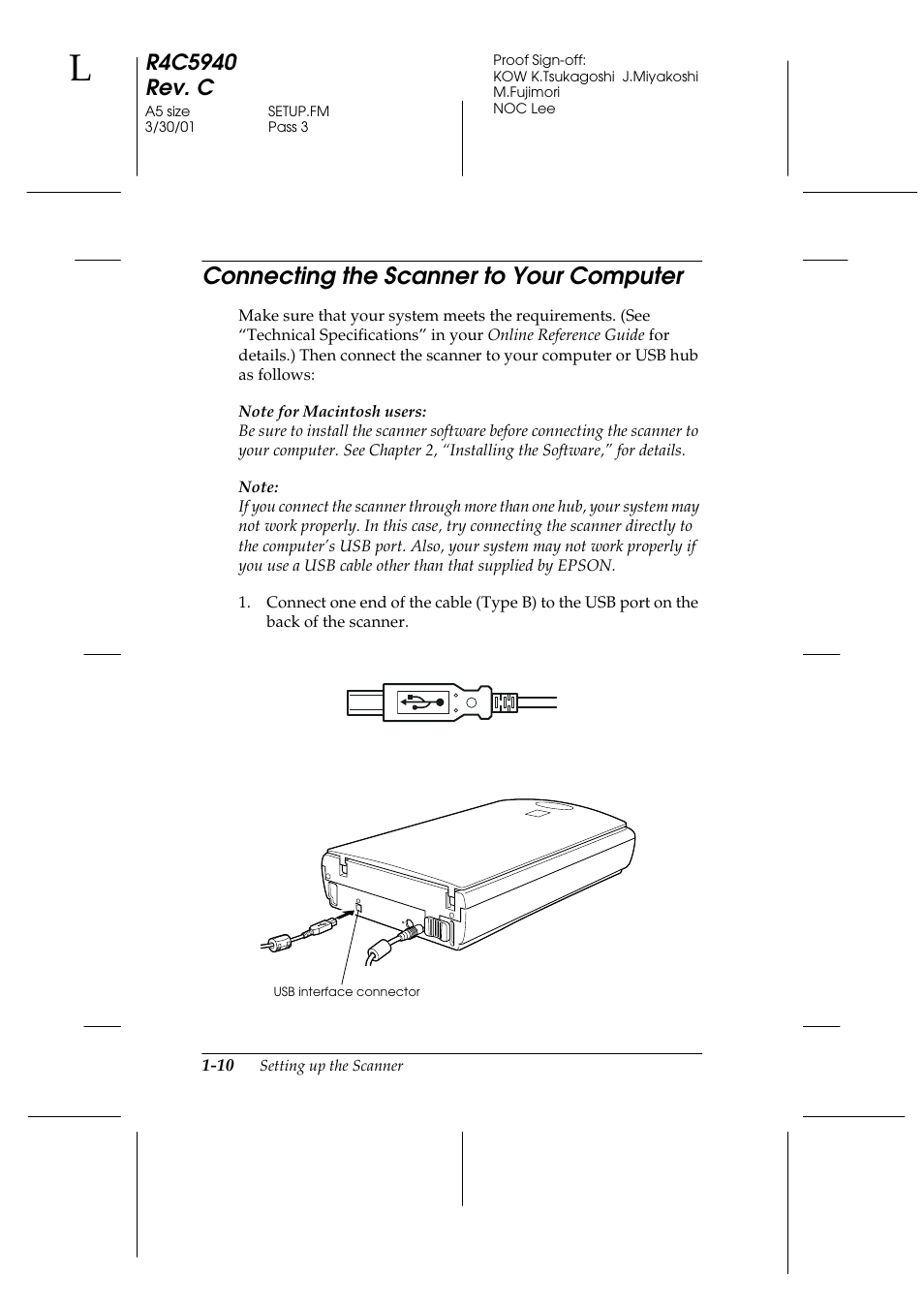 Connecting the scanner to your computer, Connecting the scanner to your computer -10 | Epson 1240U Photo User Manual | Page 22 / 48