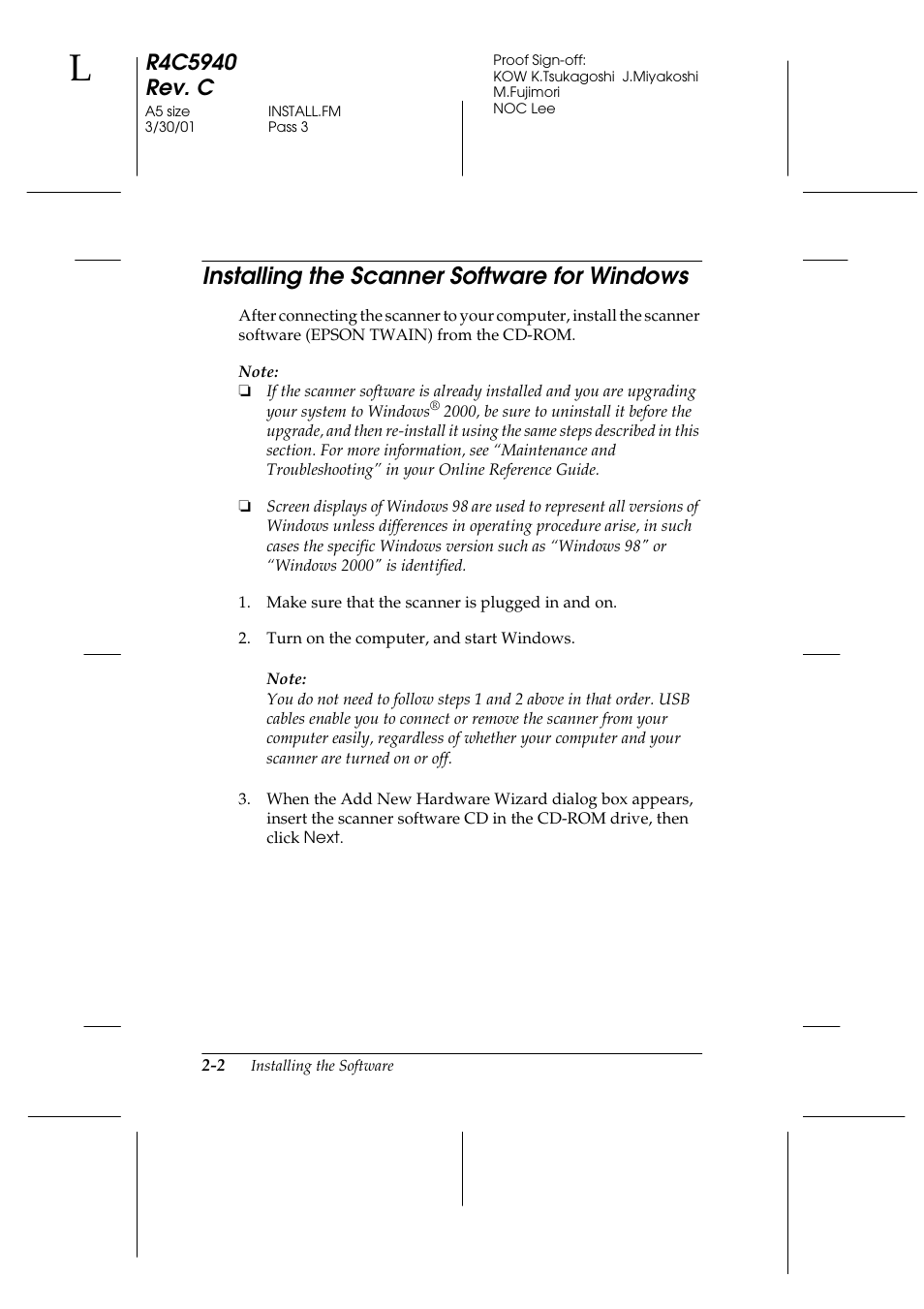 Installing the scanner software for windows, Installing the scanner software for windows -2 | Epson 1240U Photo User Manual | Page 26 / 48