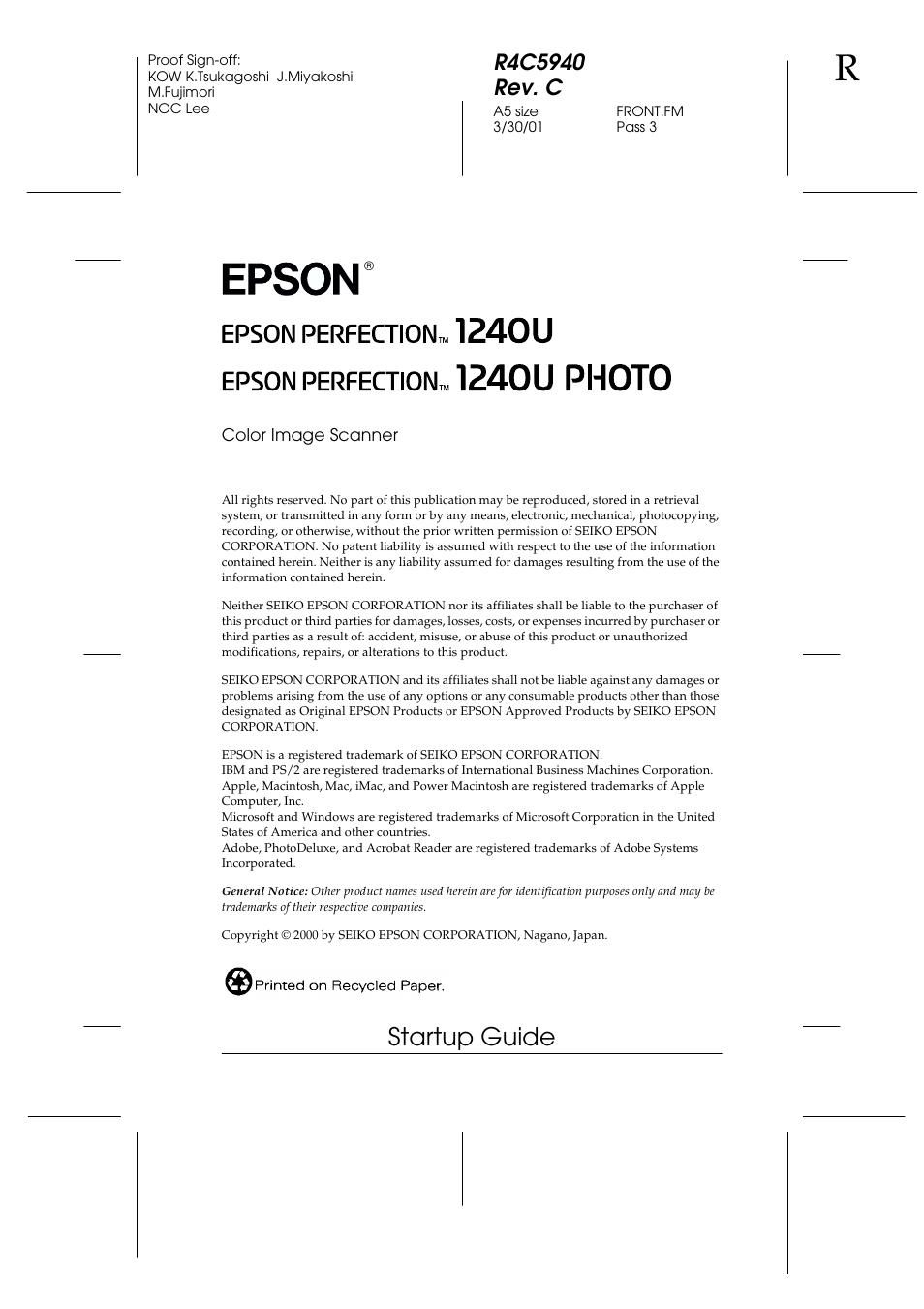 Color image scanner, Startup guide | Epson 1240U Photo User Manual | Page 3 / 48