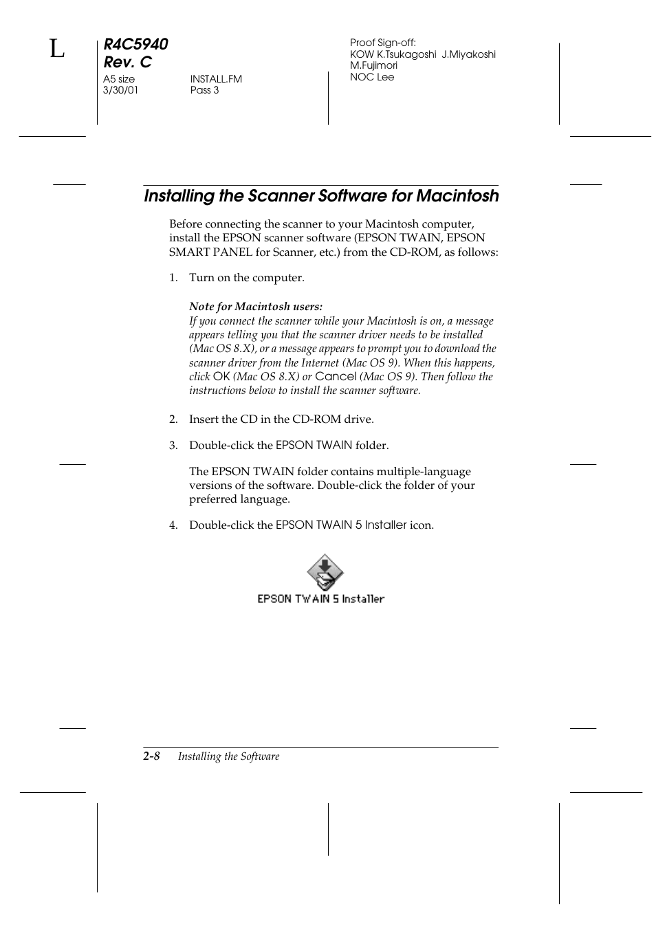 Installing the scanner software for macintosh, Installing the scanner software for macintosh -8 | Epson 1240U Photo User Manual | Page 32 / 48