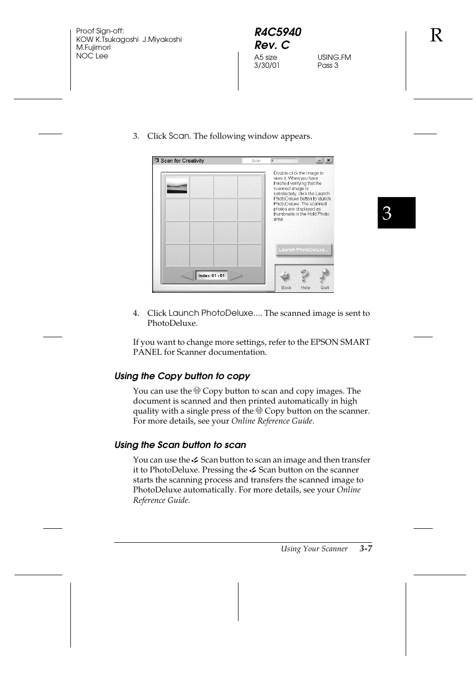 Using the copy button to copy, Using the scan button to scan | Epson 1240U Photo User Manual | Page 41 / 48