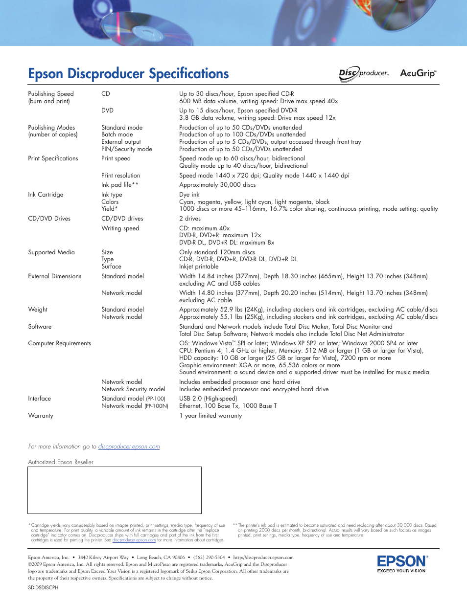 Epson discproducer specifications | Epson PP-100N User Manual | Page 2 / 2