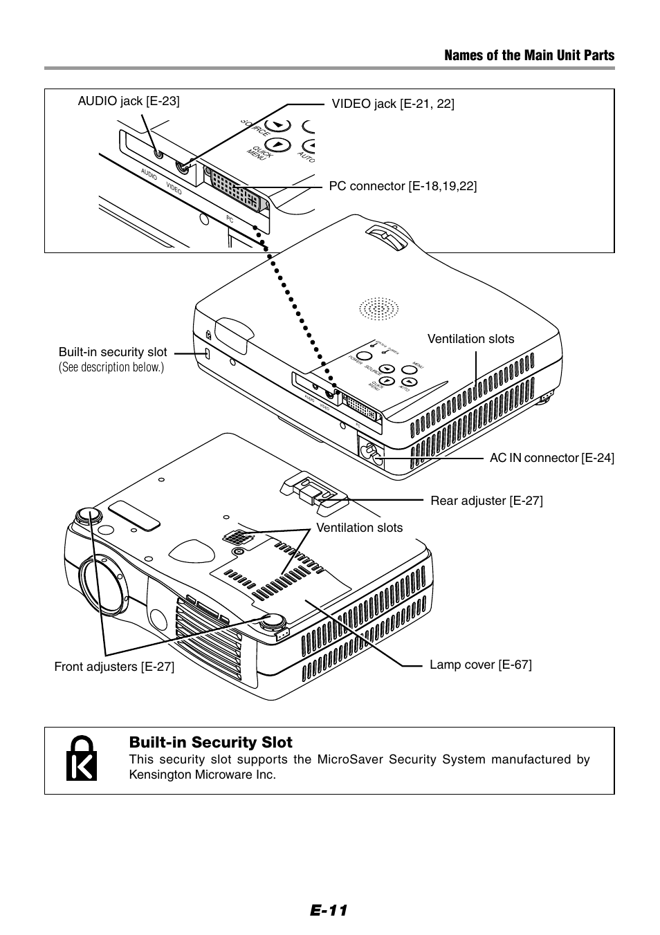 E-11, Built-in security slot, Names of the main unit parts | Front adjusters [e-27 | Epson WorkForce V-1100 User Manual | Page 11 / 72