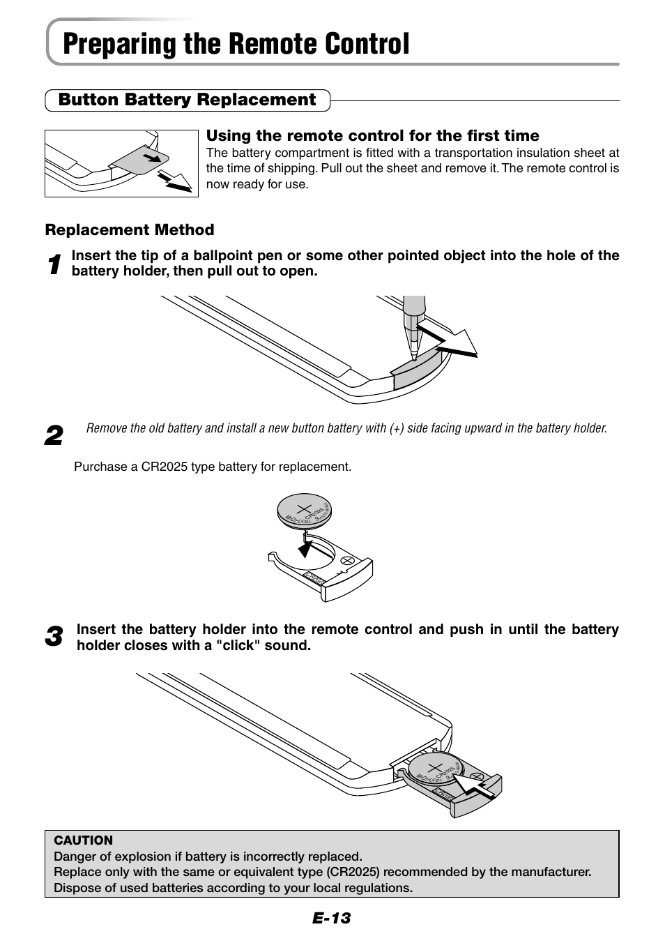 Preparing the remote control, Button battery replacement, E-13 | Using the remote control for the first time, Replacement method | Epson WorkForce V-1100 User Manual | Page 13 / 72
