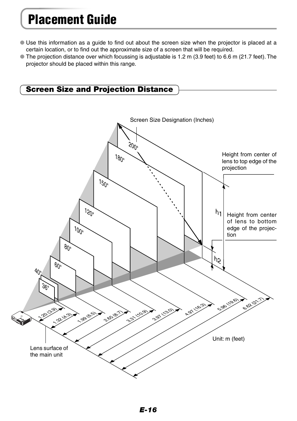 Placement guide, Screen size and projection distance | Epson WorkForce V-1100 User Manual | Page 16 / 72