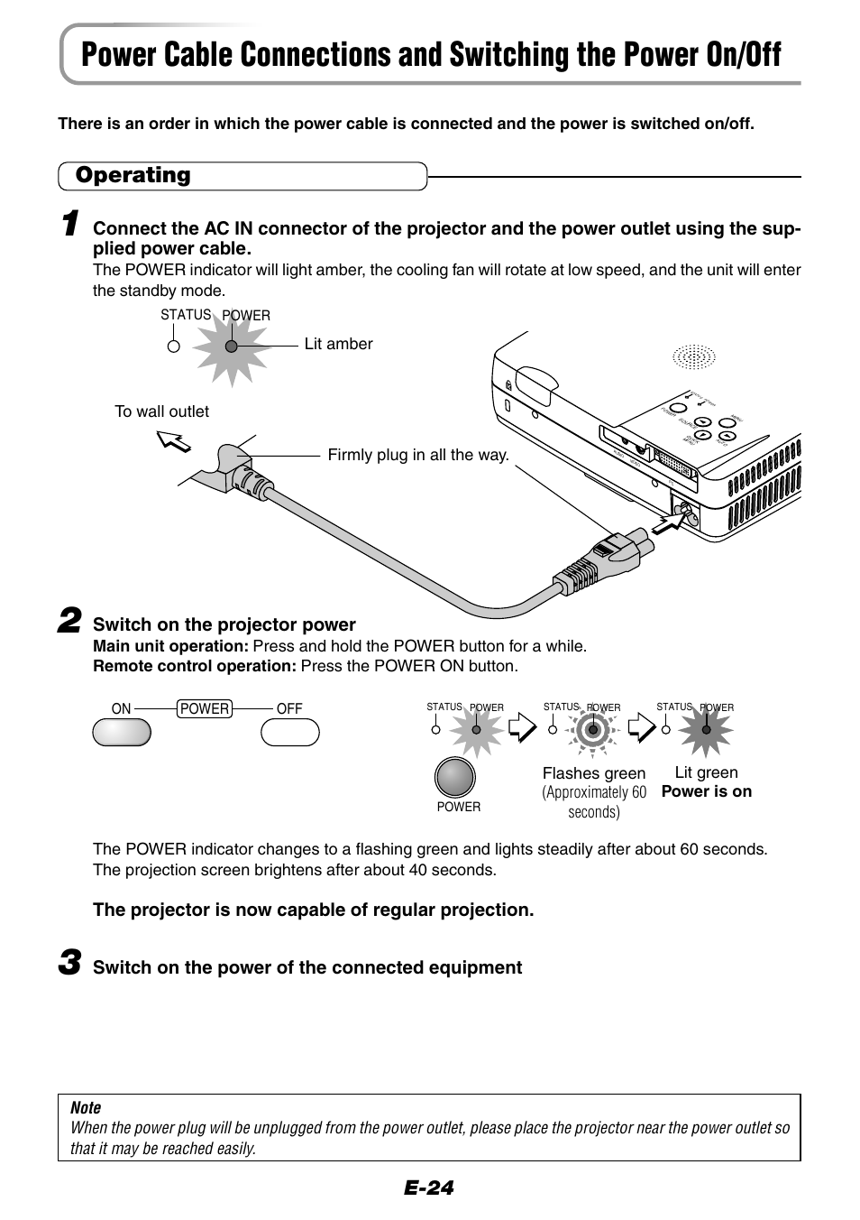 Operating, E-24, Switch on the projector power | The projector is now capable of regular projection, Switch on the power of the connected equipment | Epson WorkForce V-1100 User Manual | Page 24 / 72