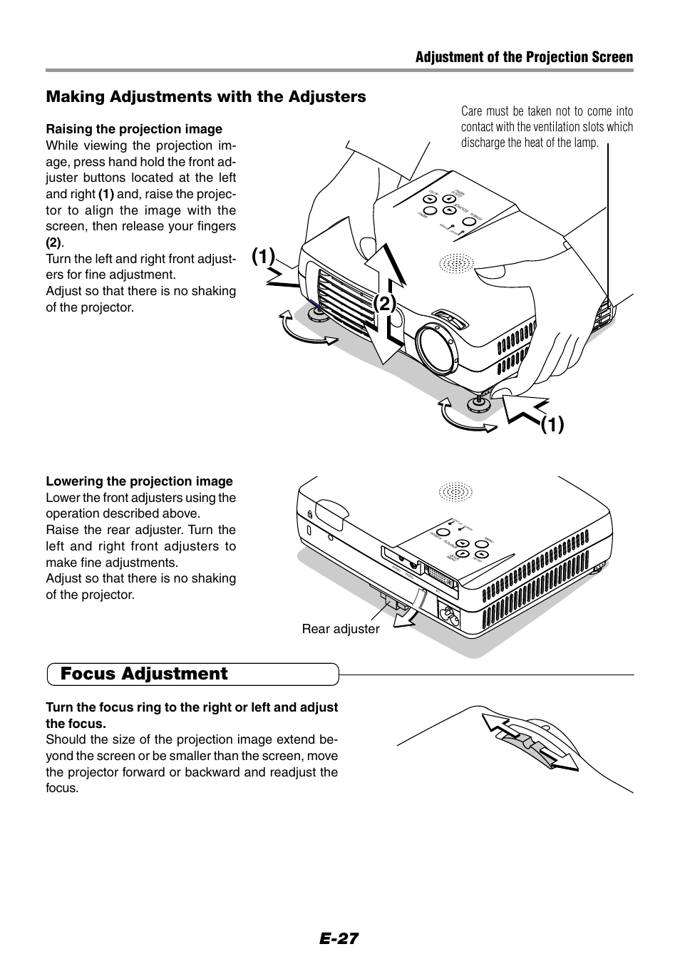 Focus adjustment, E-27 making adjustments with the adjusters, Adjustment of the projection screen | Epson WorkForce V-1100 User Manual | Page 27 / 72