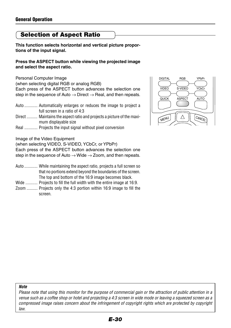 Selection of aspect ratio, E-30, General operation | Epson WorkForce V-1100 User Manual | Page 30 / 72