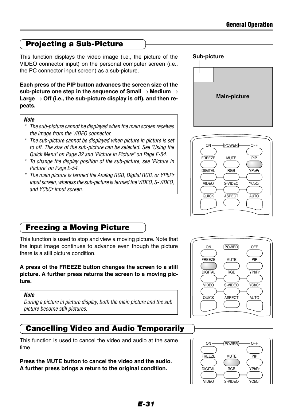 Projecting a sub-picture, Freezing a moving picture, Cancelling video and audio temporarily | E-31, General operation | Epson WorkForce V-1100 User Manual | Page 31 / 72