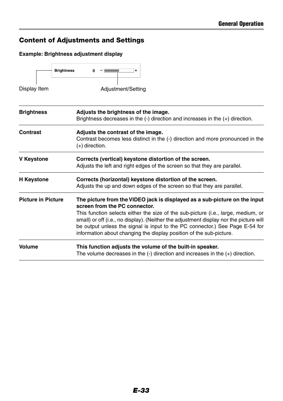 E-33, Content of adjustments and settings | Epson WorkForce V-1100 User Manual | Page 33 / 72