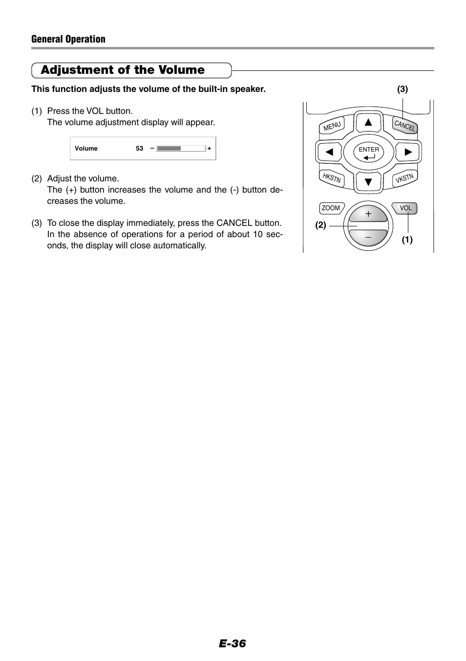 Adjustment of the volume, E-36, General operation | Epson WorkForce V-1100 User Manual | Page 36 / 72