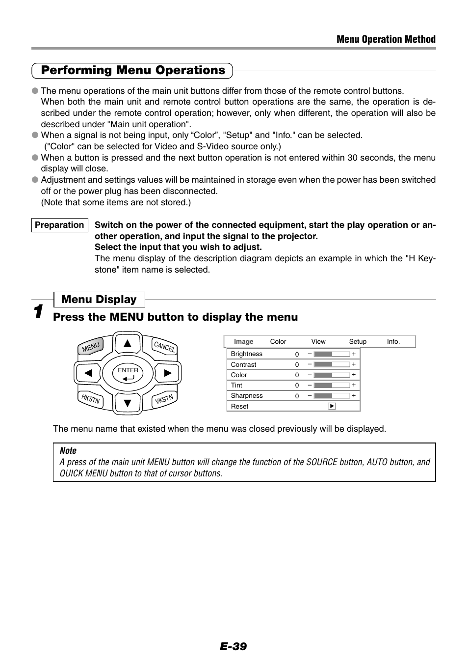 Performing menu operations, E-39, Menu operation method | Epson WorkForce V-1100 User Manual | Page 39 / 72