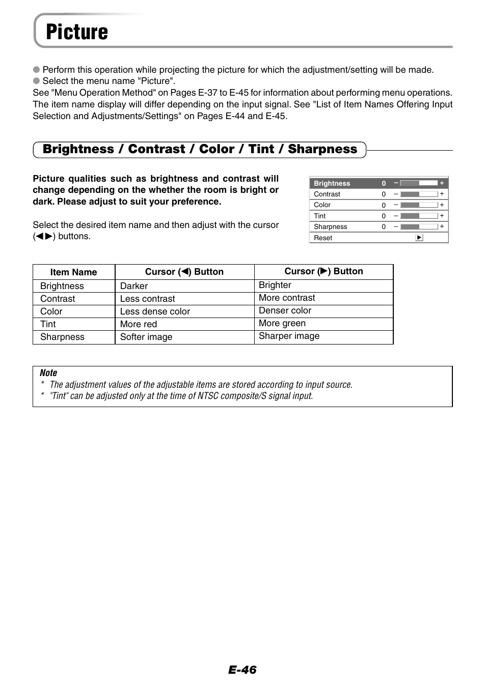 Picture, Brightness / contrast / color / tint / sharpness, E-46 | Epson WorkForce V-1100 User Manual | Page 46 / 72
