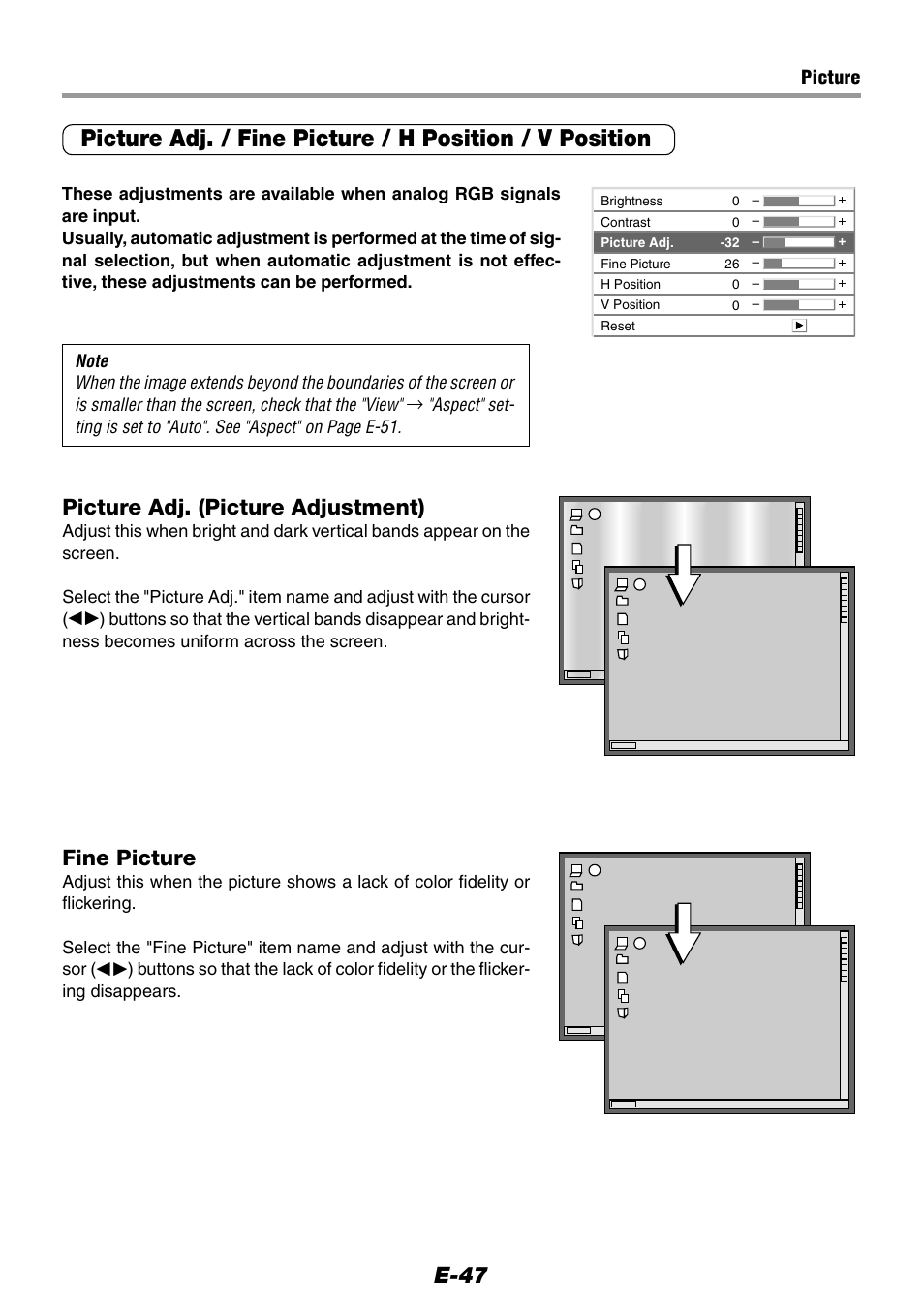 E-47, Picture adj. (picture adjustment), Fine picture | Picture | Epson WorkForce V-1100 User Manual | Page 47 / 72