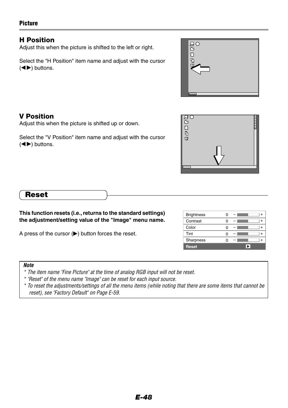 Reset, E-48 h position, V position | Picture | Epson WorkForce V-1100 User Manual | Page 48 / 72