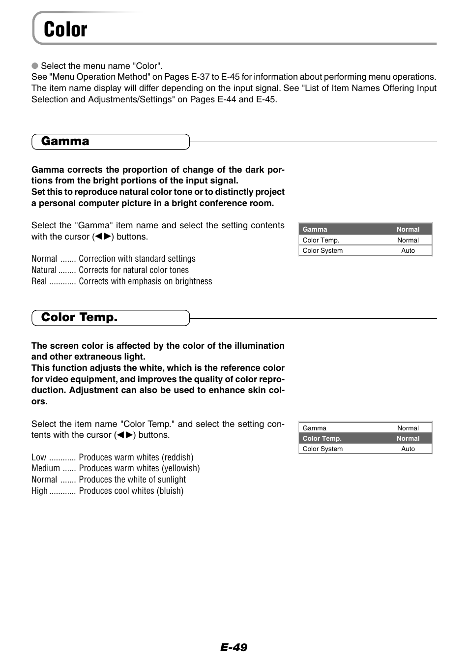 Color, Gamma, Color temp | E-49 | Epson WorkForce V-1100 User Manual | Page 49 / 72