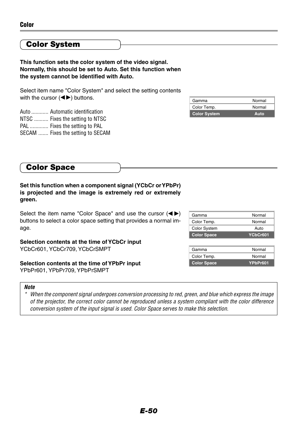 Color system, Color space, E-50 | Color | Epson WorkForce V-1100 User Manual | Page 50 / 72