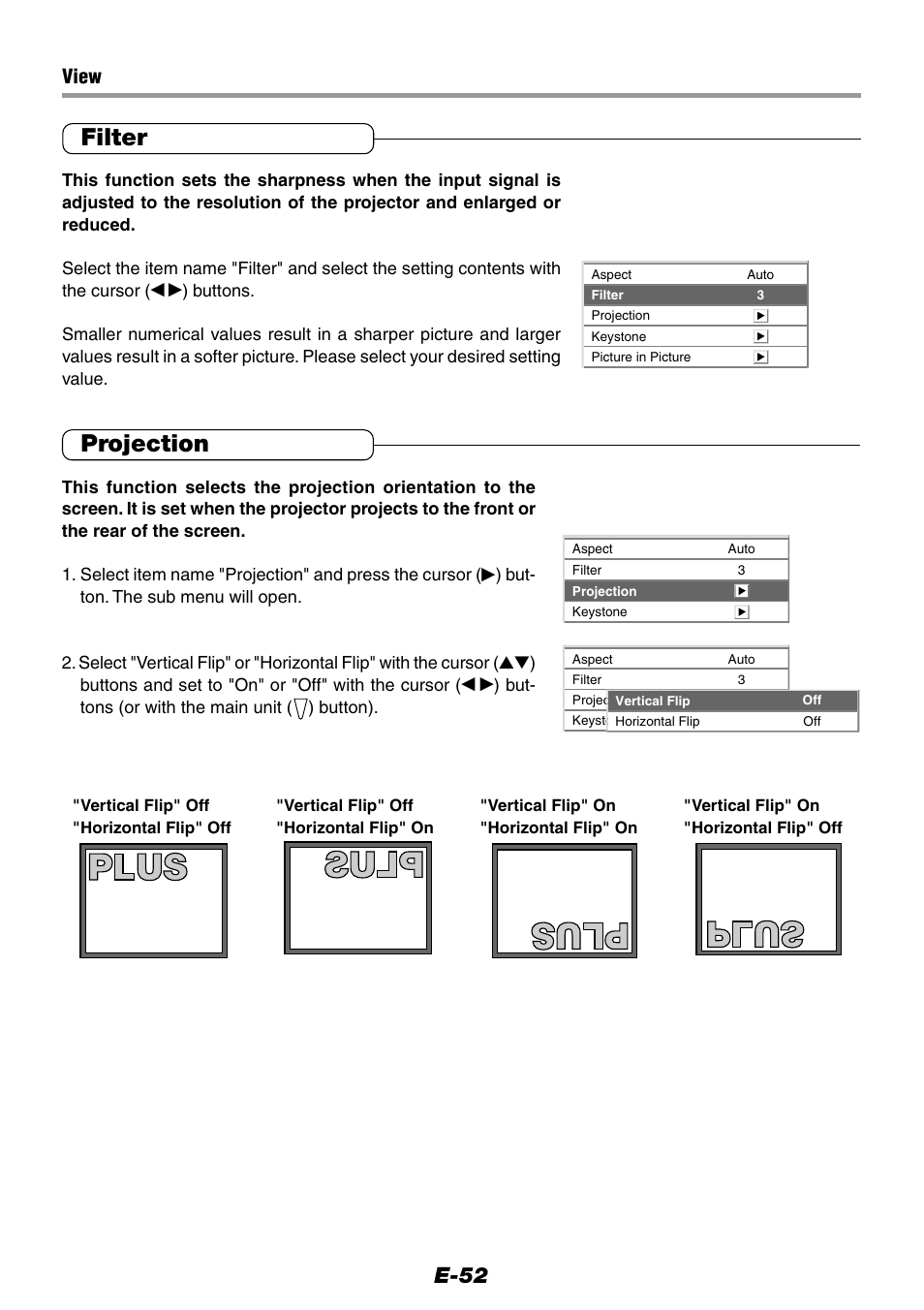 Filter, Projection, E-52 | View | Epson WorkForce V-1100 User Manual | Page 52 / 72