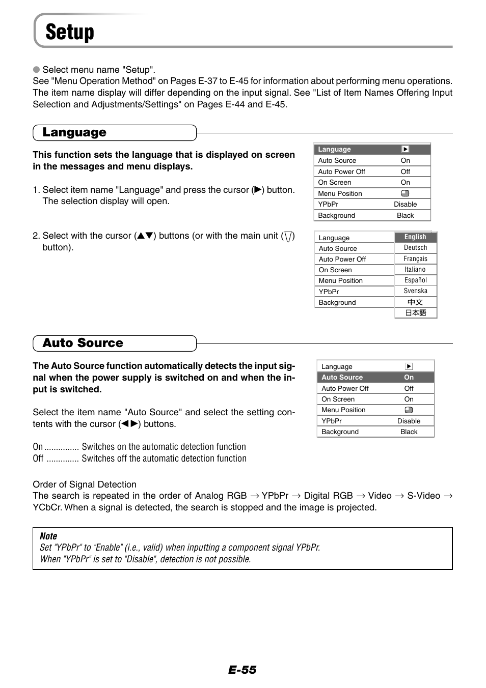 Setup, Language, Auto source | E-55 | Epson WorkForce V-1100 User Manual | Page 55 / 72