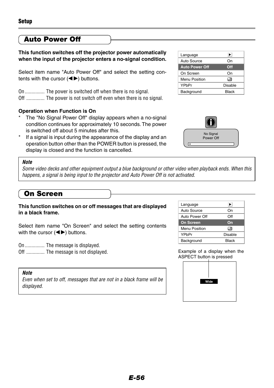 Auto power off, On screen, E-56 | Setup | Epson WorkForce V-1100 User Manual | Page 56 / 72