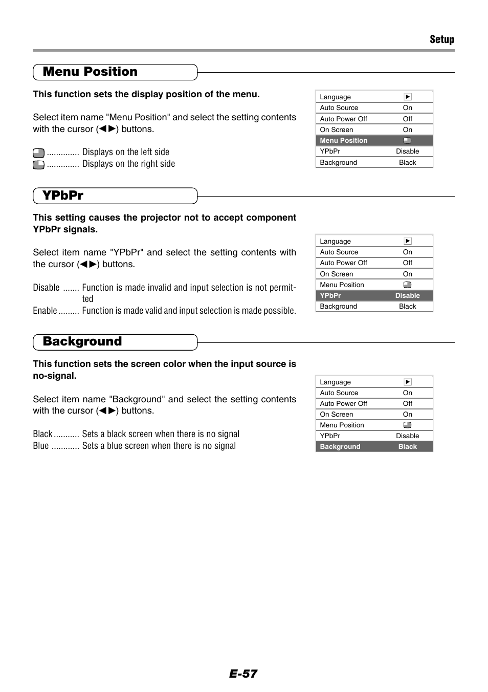 Menu position, Ypbpr, Background | E-57, Setup | Epson WorkForce V-1100 User Manual | Page 57 / 72