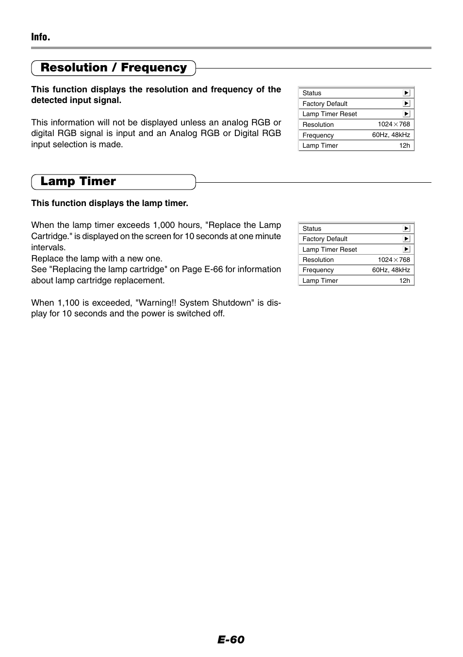 Resolution / frequency, Lamp timer, E-60 | Info | Epson WorkForce V-1100 User Manual | Page 60 / 72