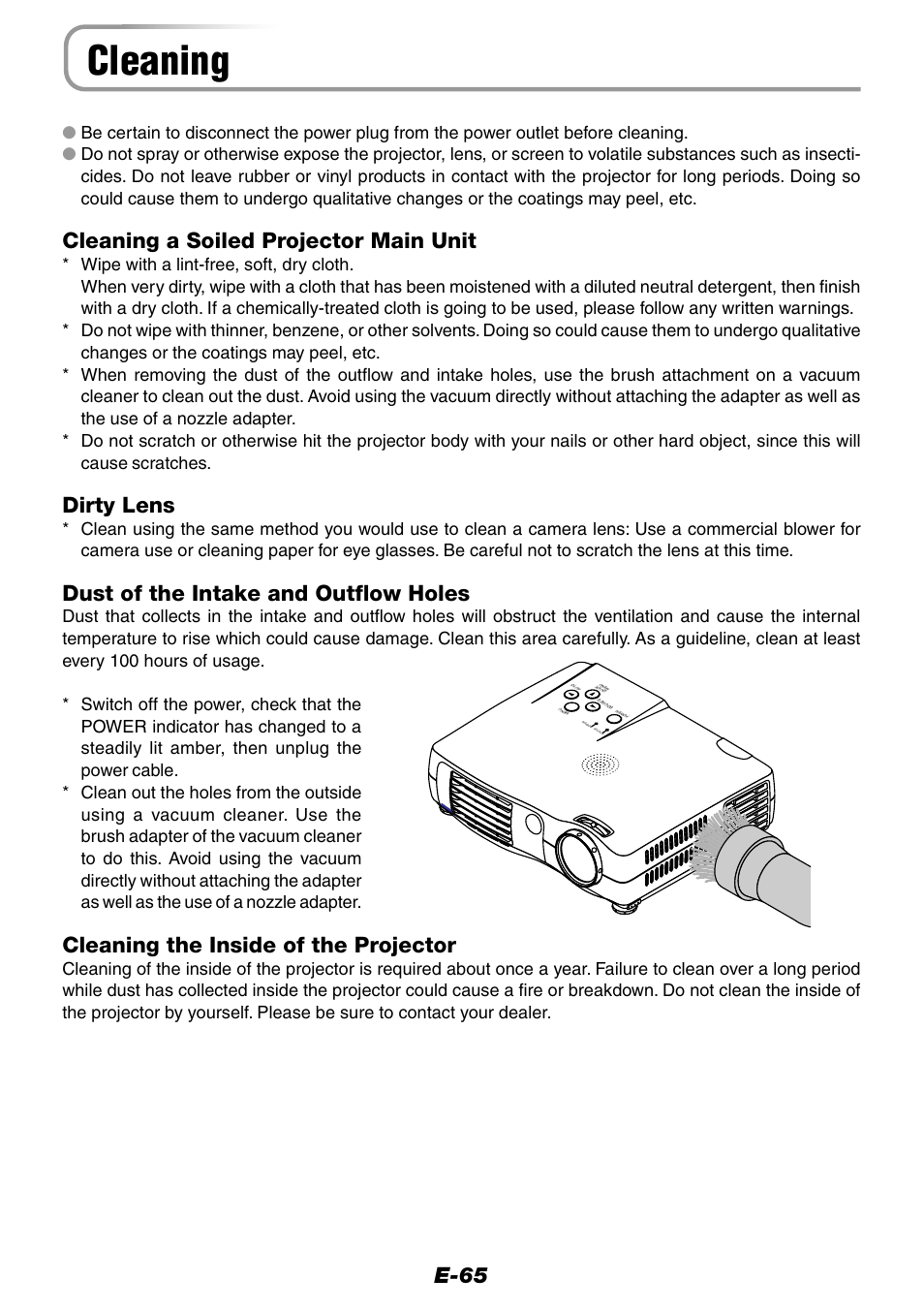 Cleaning, E-65, Cleaning a soiled projector main unit | Dirty lens, Dust of the intake and outflow holes, Cleaning the inside of the projector | Epson WorkForce V-1100 User Manual | Page 65 / 72
