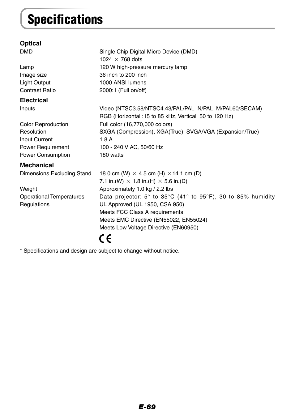 Specifications | Epson WorkForce V-1100 User Manual | Page 69 / 72