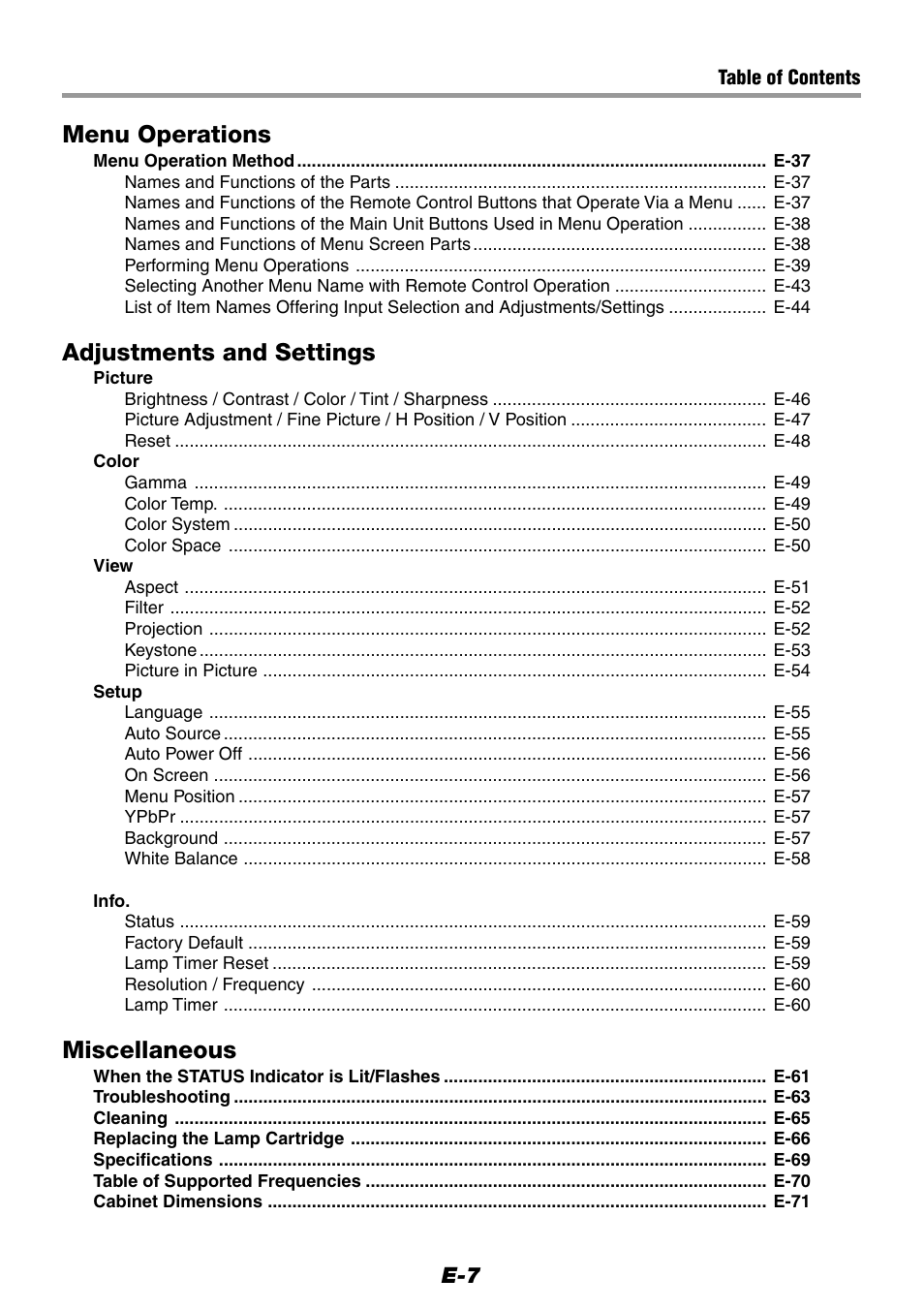 Menu operations, Adjustments and settings, Miscellaneous | Epson WorkForce V-1100 User Manual | Page 7 / 72