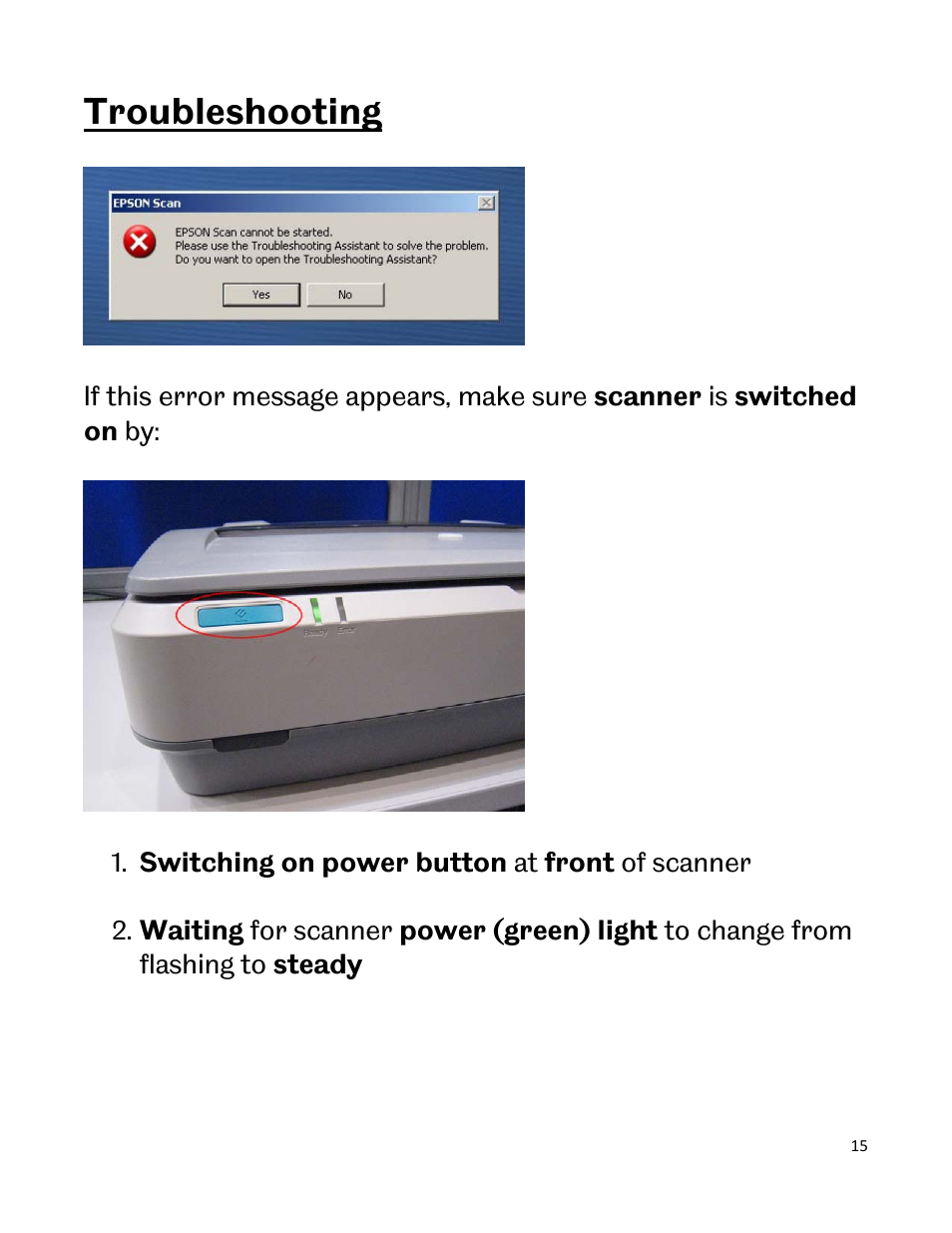 Troubleshooting | Epson Scanner A3 User Manual | Page 15 / 16