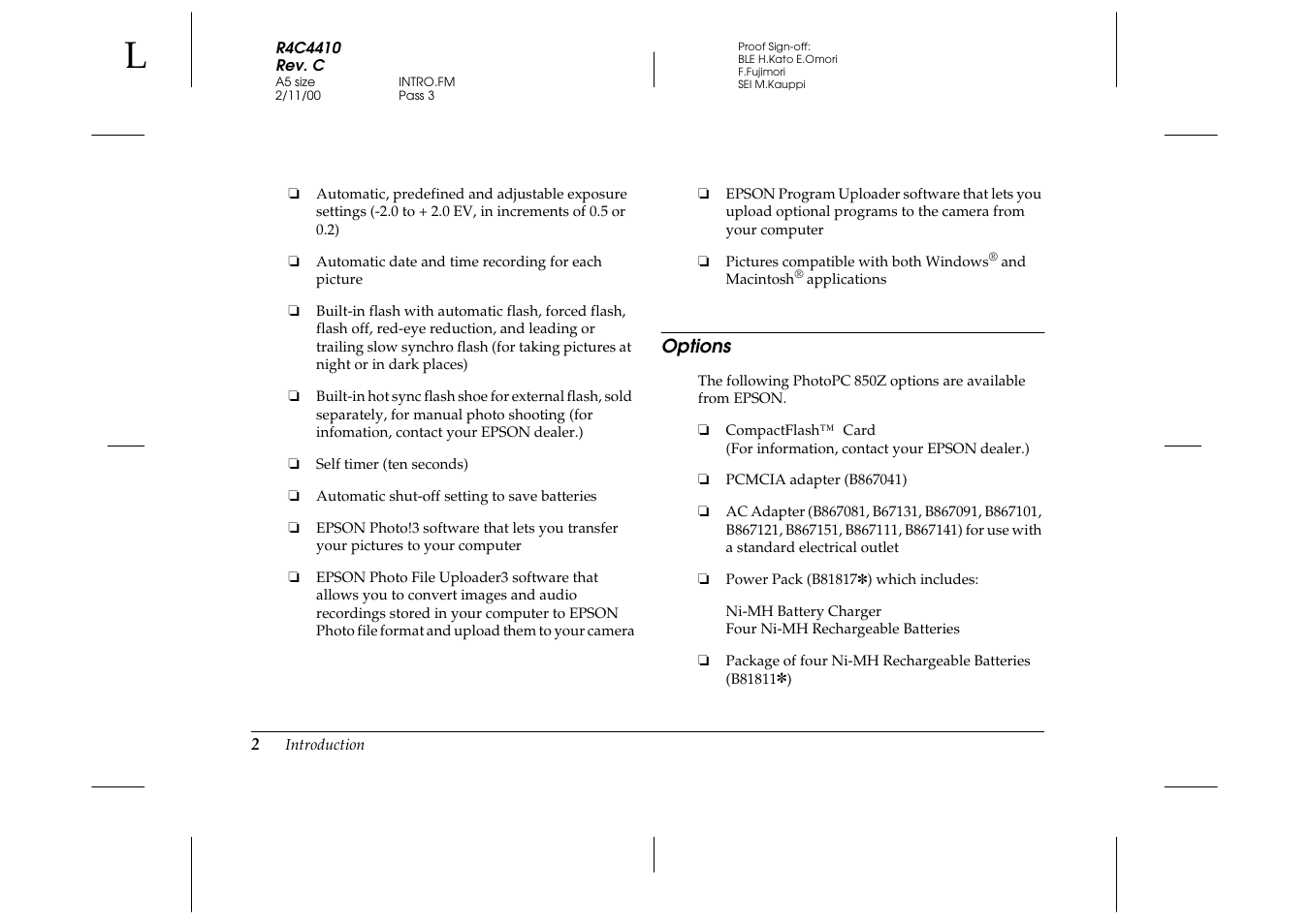 Options | Epson PhotoPC 850Z User Manual | Page 10 / 142