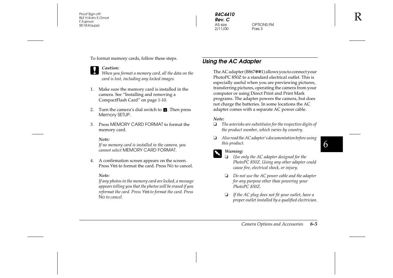 Using the ac adapter, Using the ac adapter -5 | Epson PhotoPC 850Z User Manual | Page 101 / 142