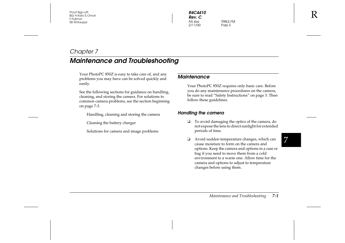 Maintenance and troubleshooting, Maintenance, Handling the camera | Chapter 7 m, Maintenance -1, Handling the camera -1 | Epson PhotoPC 850Z User Manual | Page 105 / 142