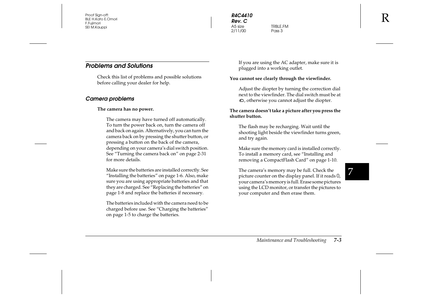 Problems and solutions, Camera problems, Problems and solutions -3 | Camera problems -3 | Epson PhotoPC 850Z User Manual | Page 107 / 142