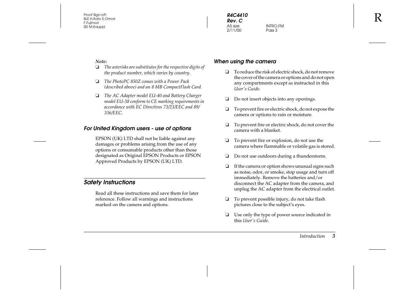 For united kingdom users - use of options, Safety instructions, When using the camera | Epson PhotoPC 850Z User Manual | Page 11 / 142