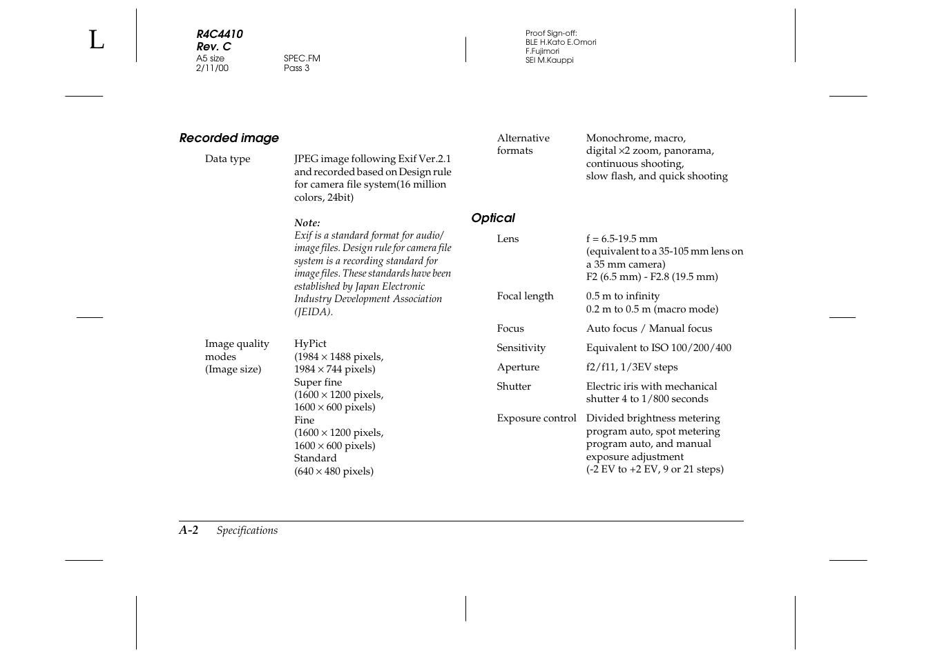 Recorded image, Optical | Epson PhotoPC 850Z User Manual | Page 116 / 142
